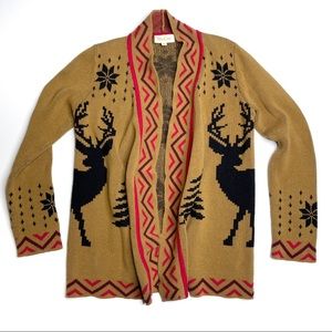 ModCloth Open Front Cardigan Sweater Fair Isle Novelty Deer Print Mustard SZ XS